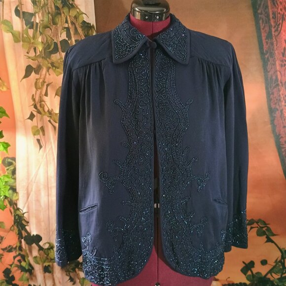 EUC: Vintage 60s Ni-Nel Navy Blue Beaded Suit Set Jacket & Skirt Size see desc - Picture 3 of 14